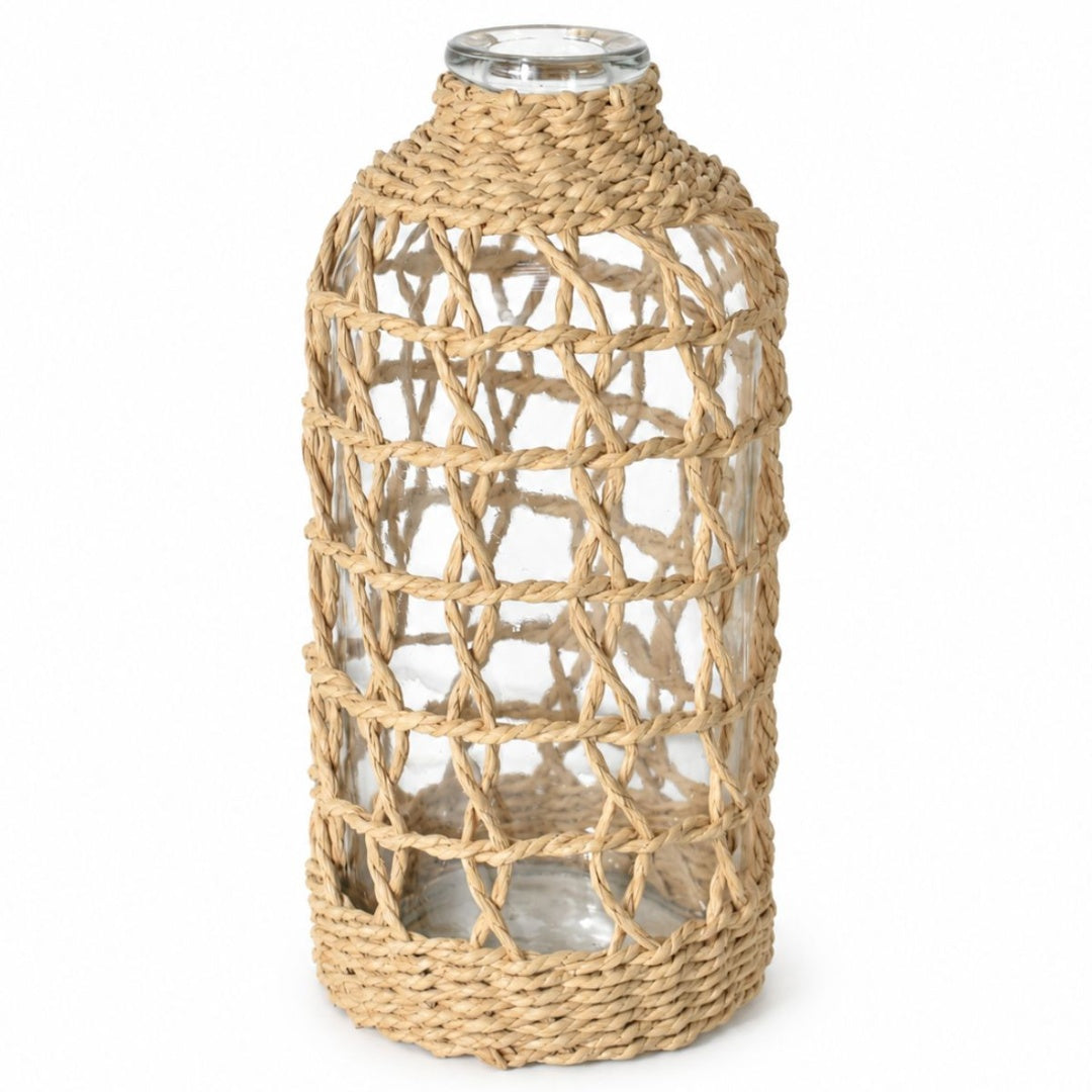 Jarrón decorativo de vidrio con tejido natural 26cm
