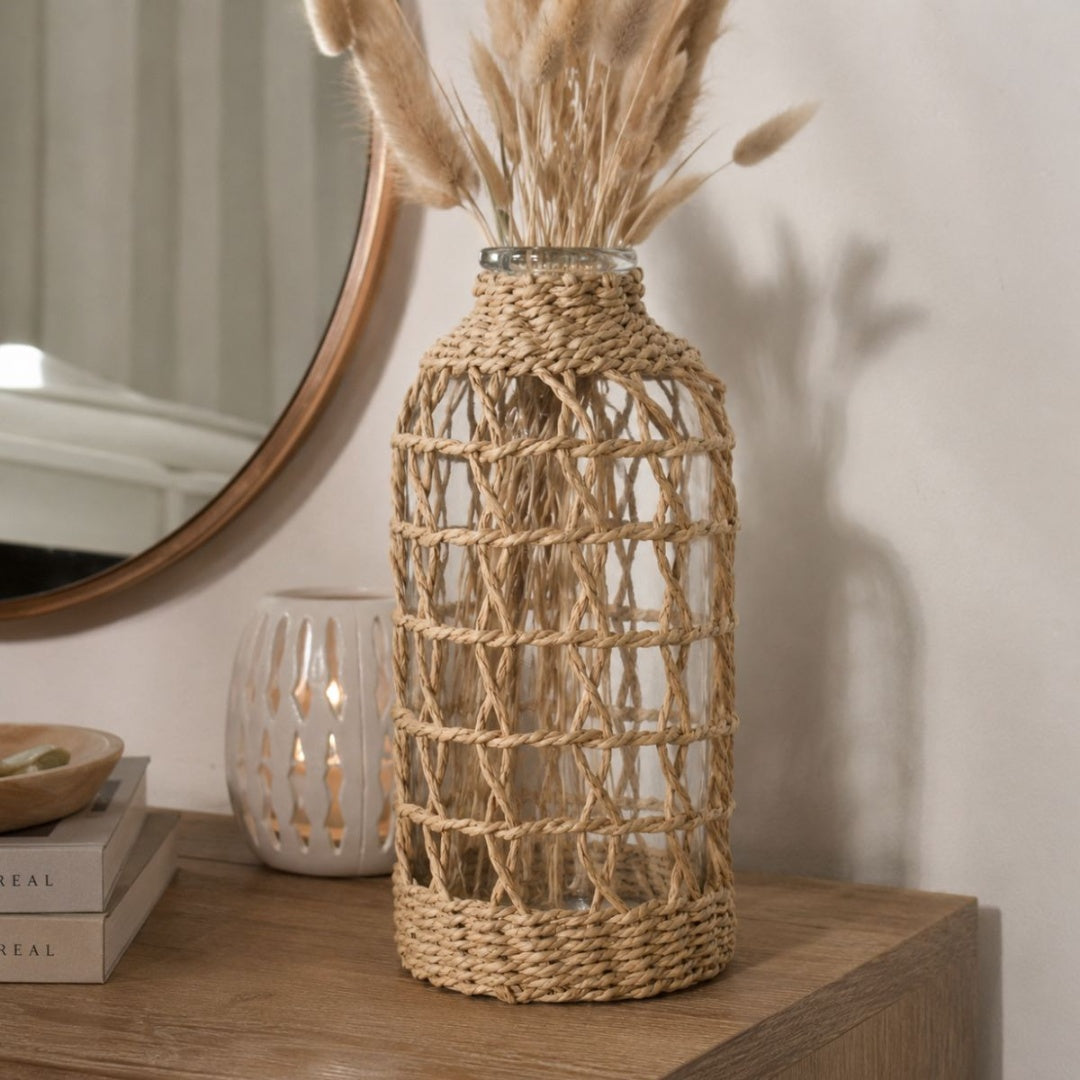 Jarrón decorativo de vidrio con tejido natural 26cm