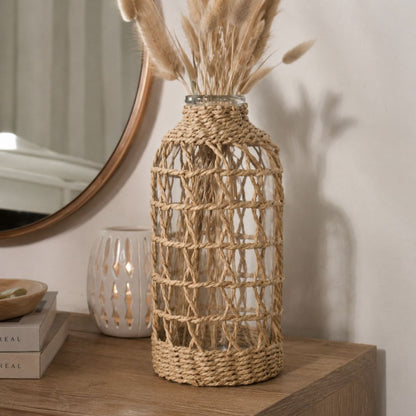 Jarrón decorativo de vidrio con tejido natural 26cm