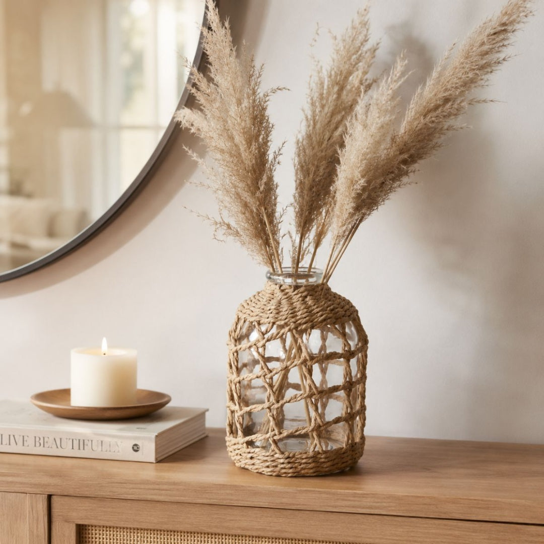 Jarrón decorativo de vidrio con tejido natural 18cm