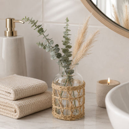 Jarrón decorativo de vidrio con tejido natural 16cm