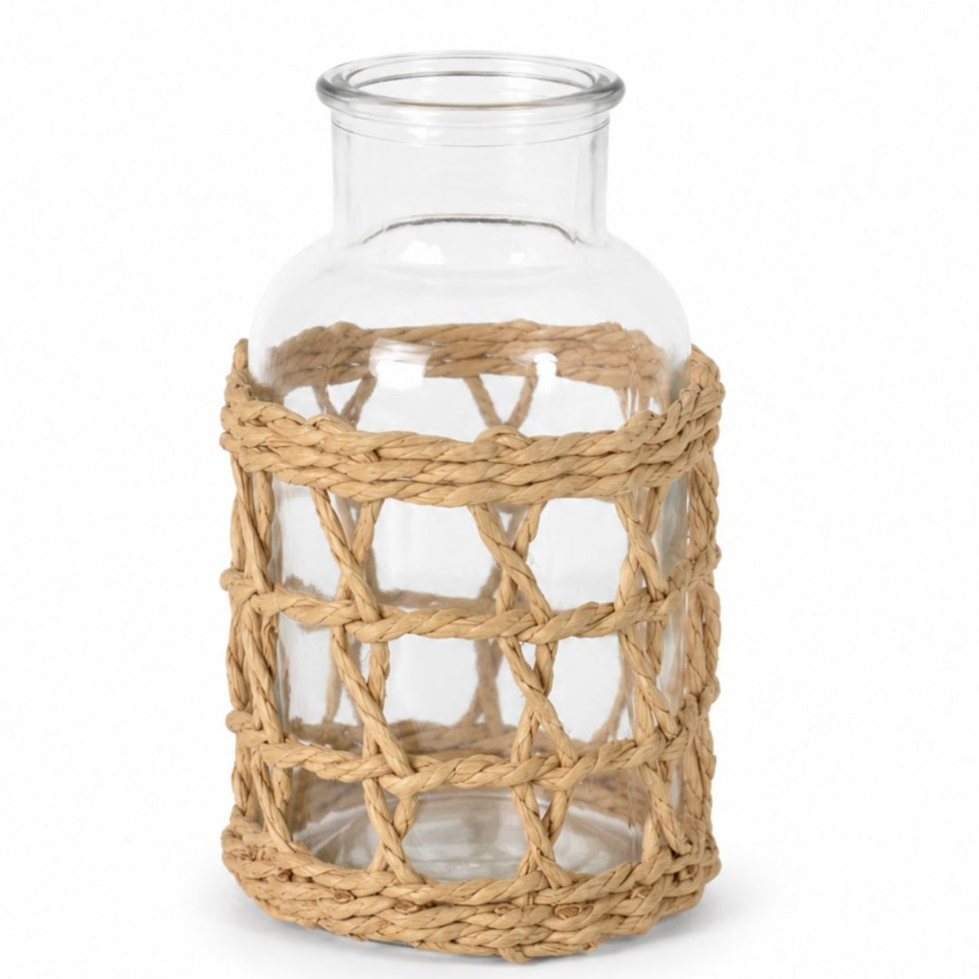 Jarrón decorativo de vidrio con tejido natural 16cm