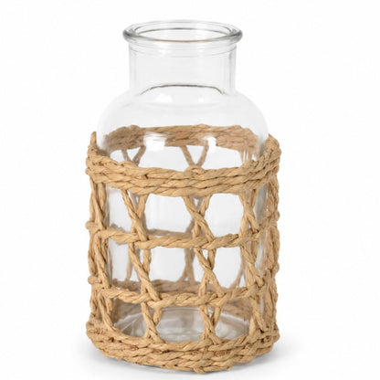 Jarrón decorativo de vidrio con tejido natural 16cm