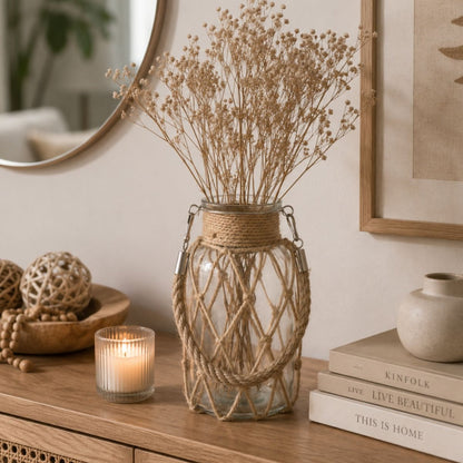 Jarrón decorativo de vidrio con tejido natural con asa 16cm
