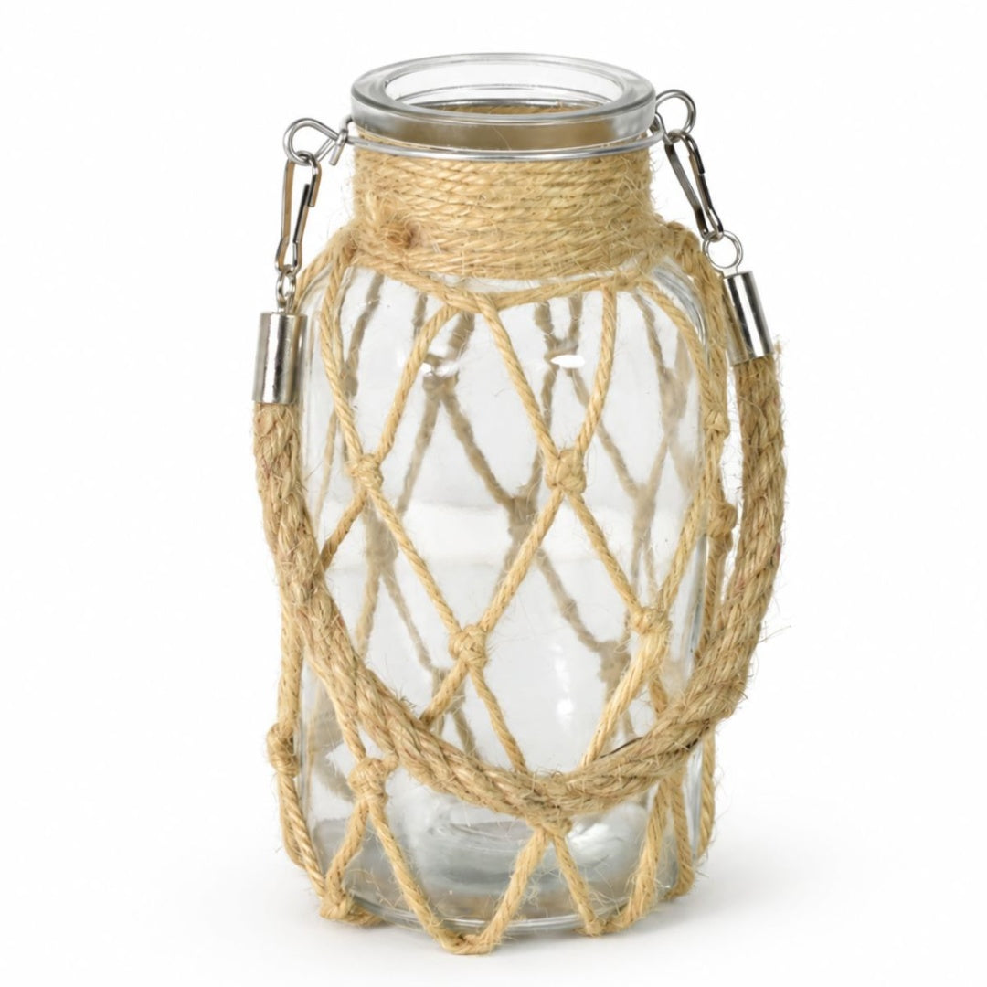 Jarrón decorativo de vidrio con tejido natural con asa 16cm