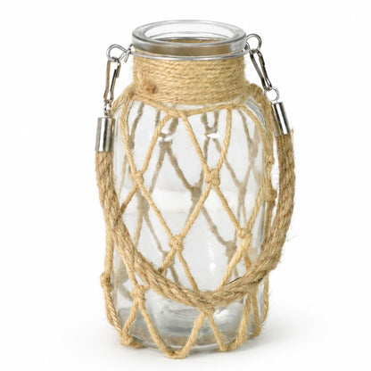 Jarrón decorativo de vidrio con tejido natural con asa 16cm