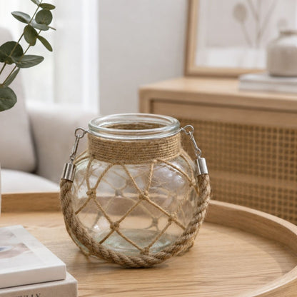 Jarrón decorativo de vidrio con tejido natural 12cm