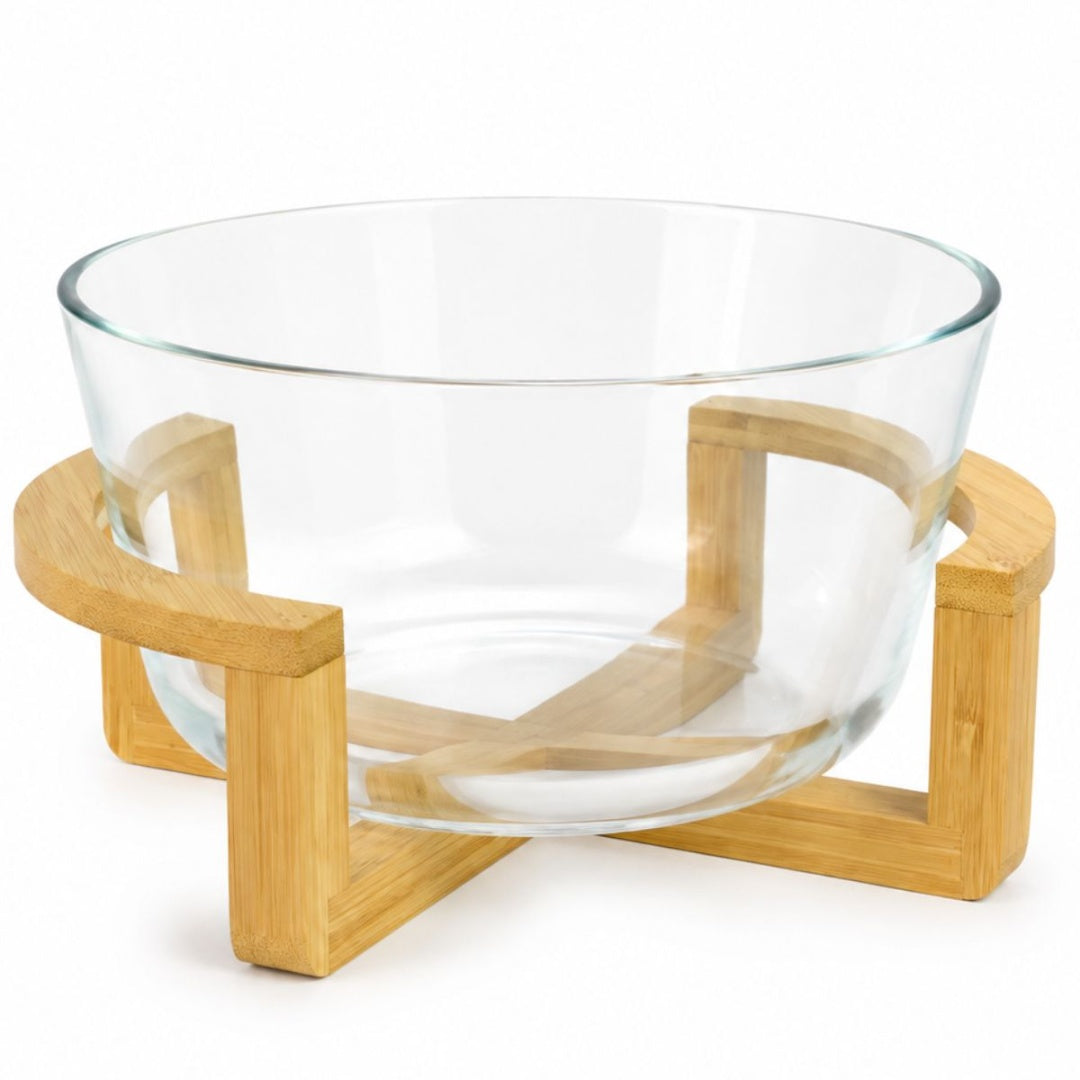 Ensaladera de vidrio con soporte de bambú