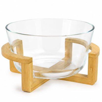 Ensaladera de vidrio con soporte de bambú