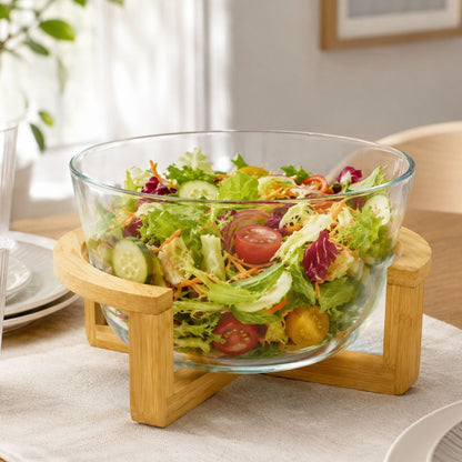 Ensaladera de vidrio con soporte de bambú