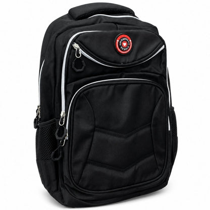 Mochila negra con múltiples compartimentos