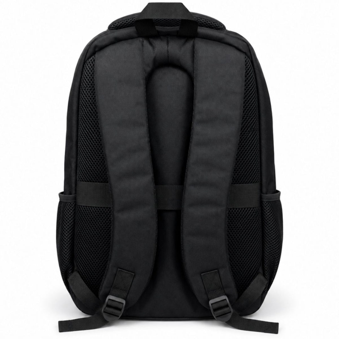 Mochila negra con múltiples compartimentos