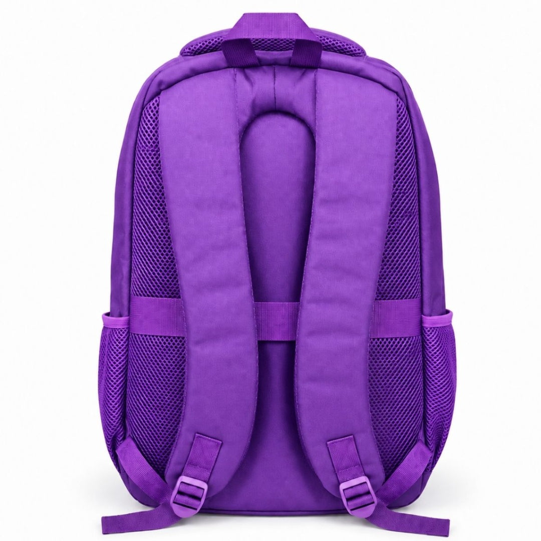 Mochila violeta con múltiples compartimentos