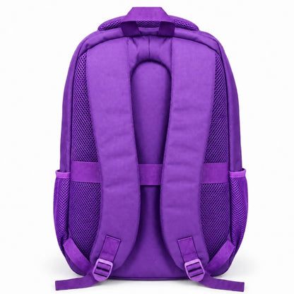 Mochila violeta con múltiples compartimentos