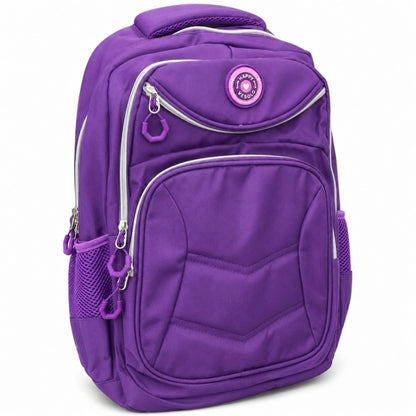 Mochila violeta con múltiples compartimentos
