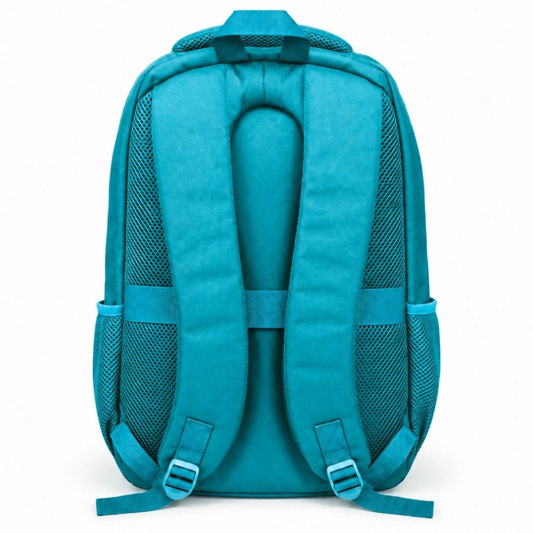 Mochila turquesa con múltiples compartimentos