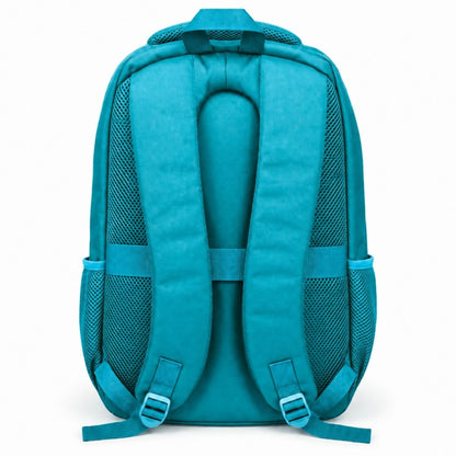 Mochila turquesa con múltiples compartimentos
