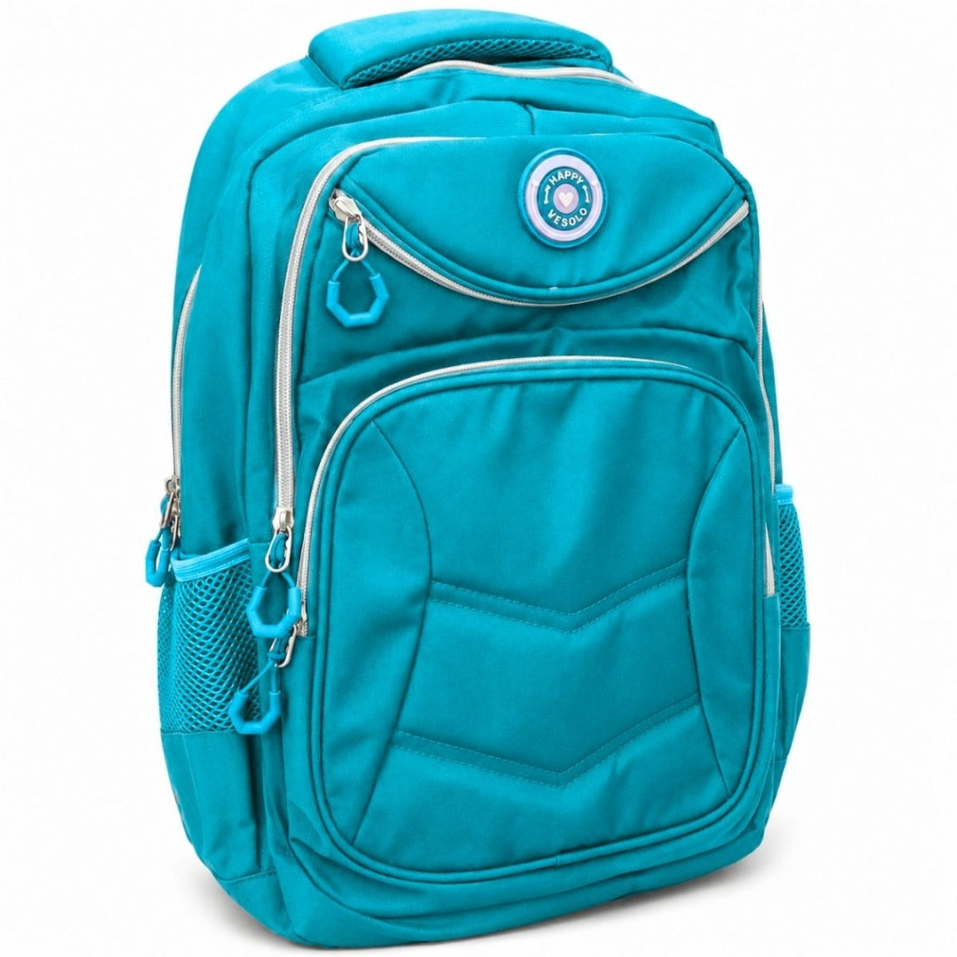 Mochila turquesa con múltiples compartimentos