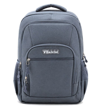 Mochila gris con múltiples compartimentos