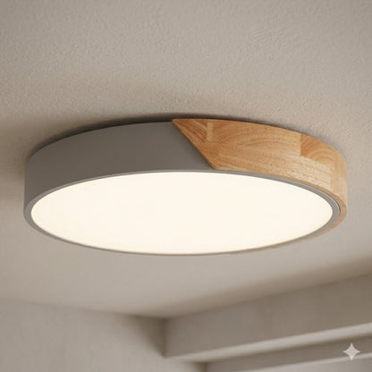 Plafón led circular de madera y aluminio gris mate