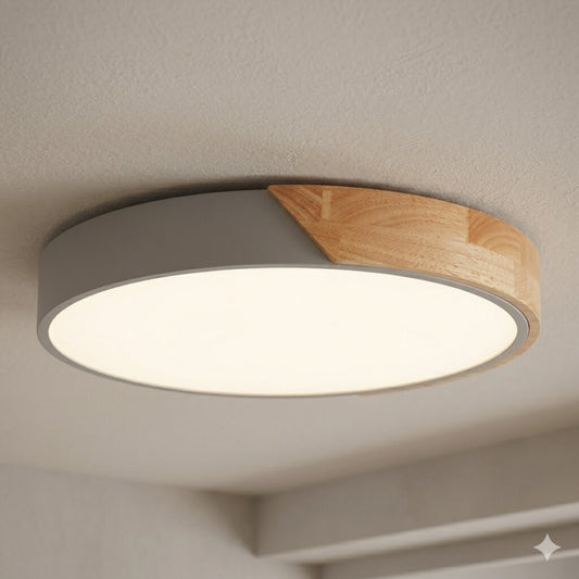 Plafón led circular de madera y aluminio gris mate