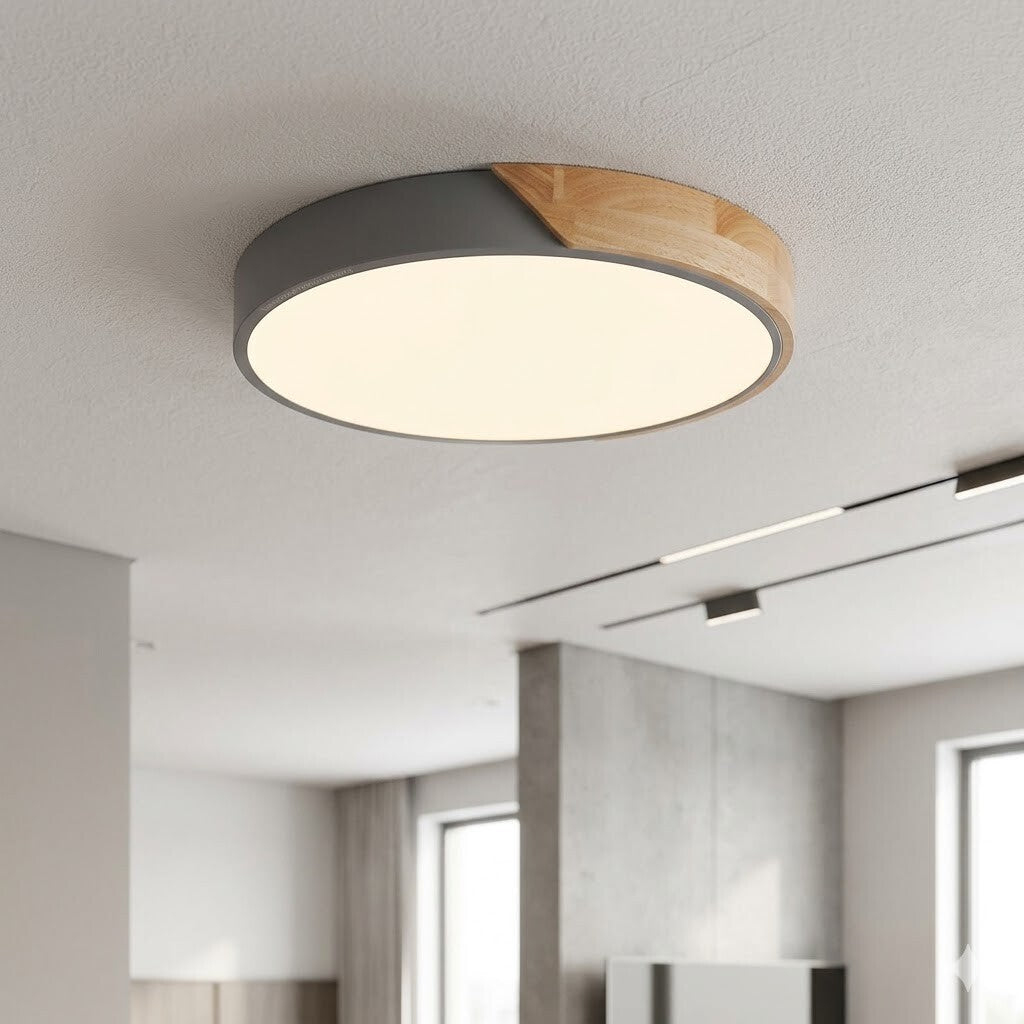 Plafón led circular de madera y aluminio gris mate