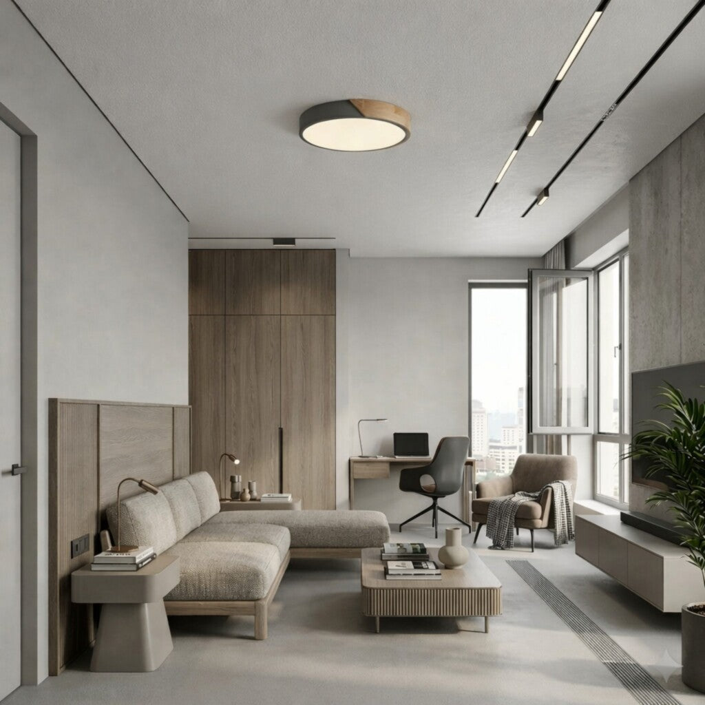Plafón led circular de madera y aluminio gris mate