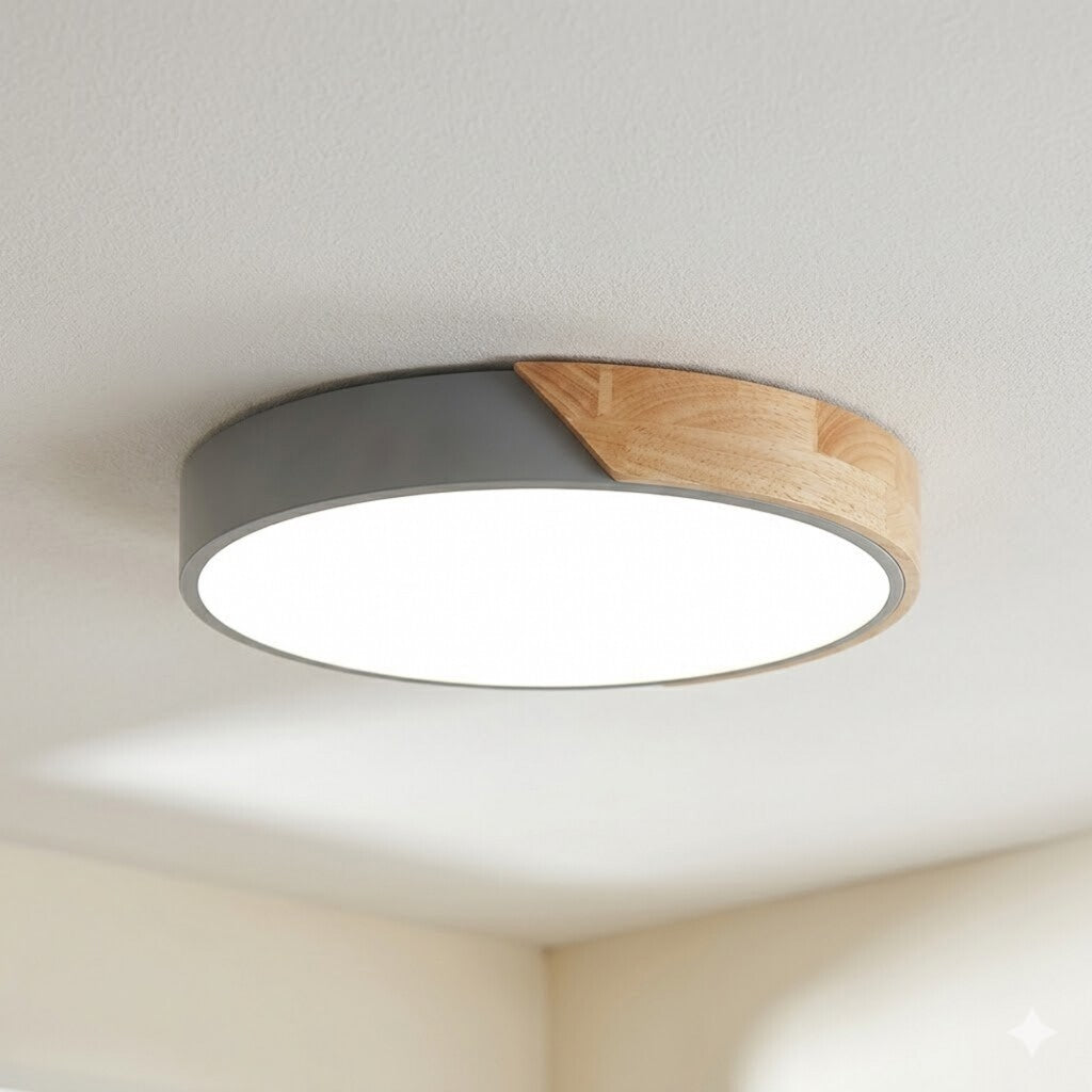 Plafón led circular de madera y aluminio gris mate