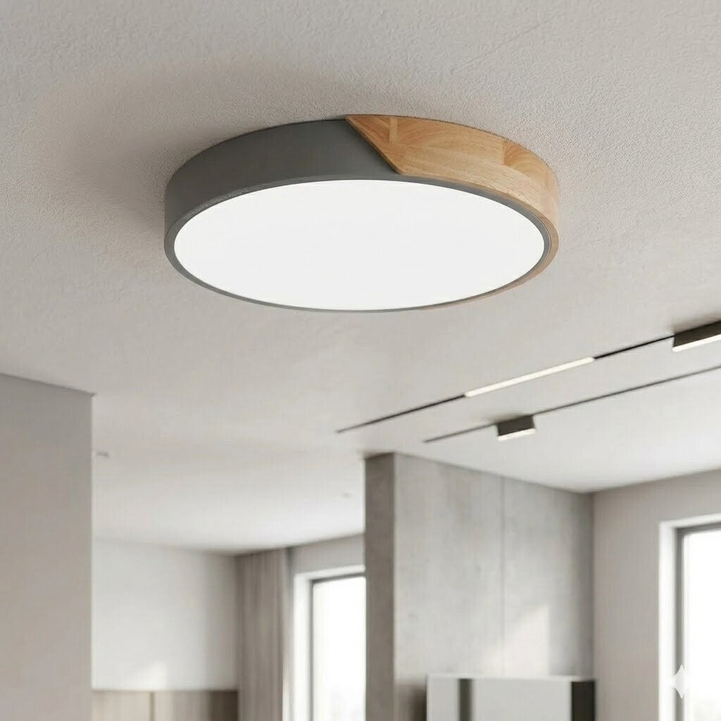 Plafón led circular de madera y aluminio gris mate