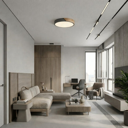 Plafón led circular de madera y aluminio gris mate
