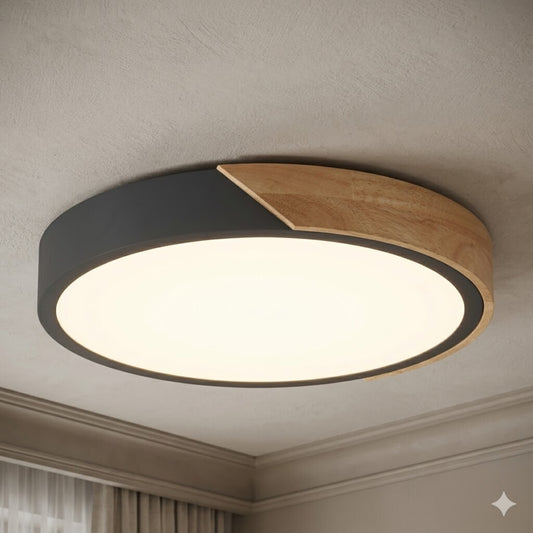 Plafón led circular de madera y aluminio negro mate