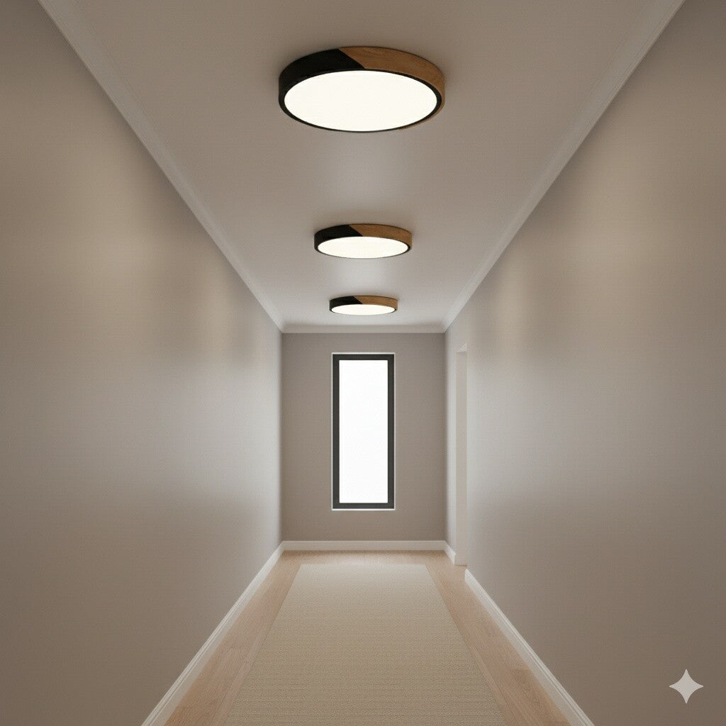 Plafón led circular de madera y aluminio negro mate