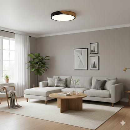 Plafón led circular de madera y aluminio negro mate