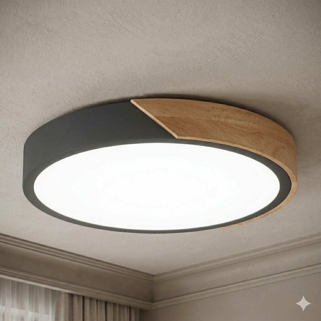Plafón led circular de madera y aluminio negro mate