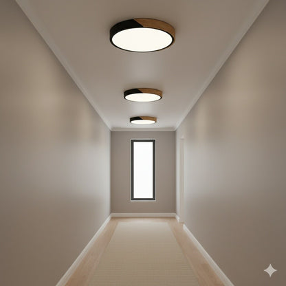 Plafón led circular de madera y aluminio negro mate