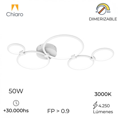 Plafón Led diseño cinco anillos blanco 50W Dimerizable