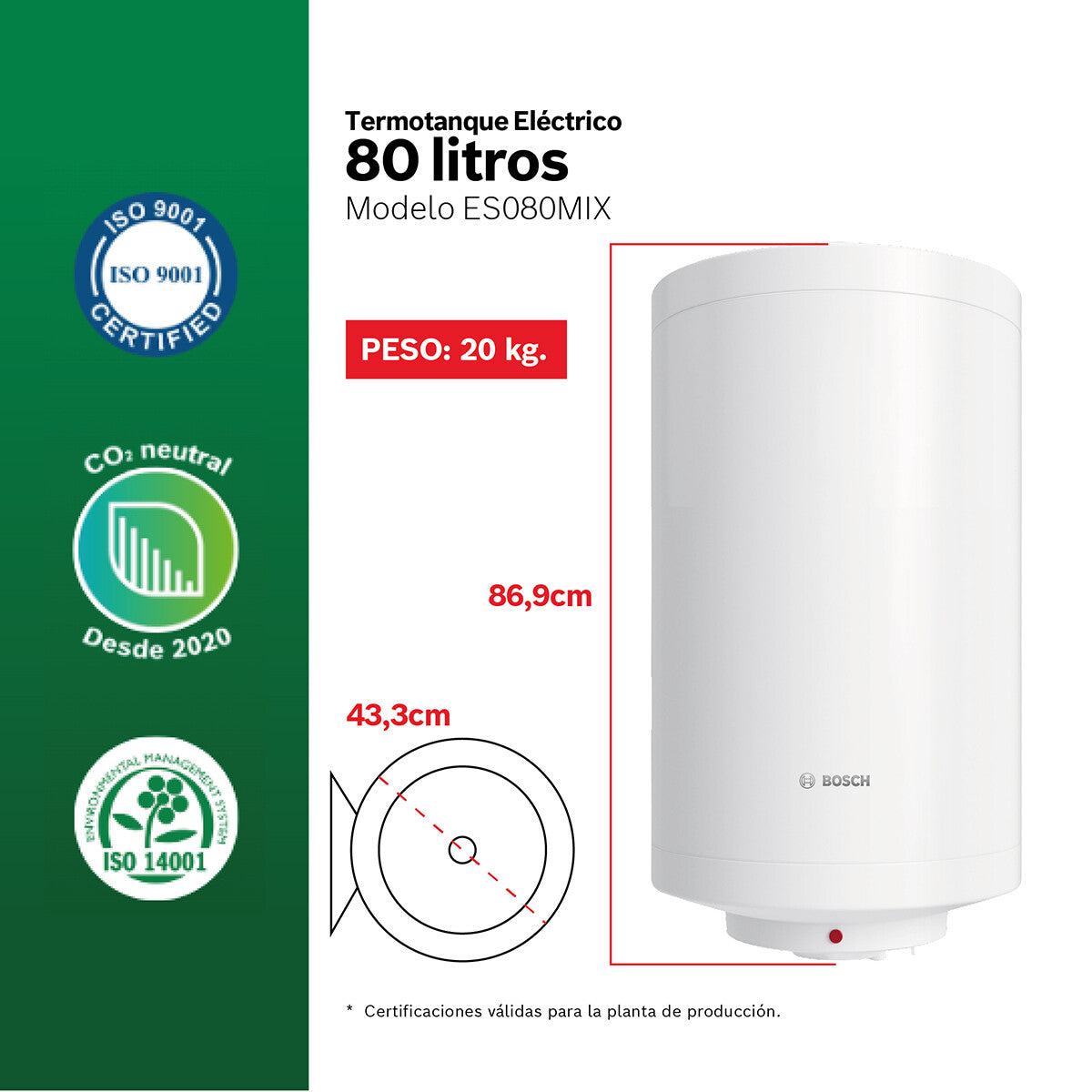 Termotanque eléctrico Bosch ES080M1X-KNWVB 80 L